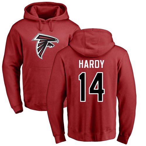 Atlanta Falcons Men Red Justin Hardy Name And Number Logo NFL Football 14 Pullover Hoodie Sweatshirts